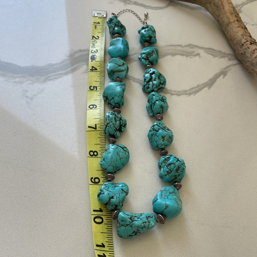 Vintage “Faux Turquoise” Natural Stone Chunky Necklace With Silver Beads - Picture 9 of 12